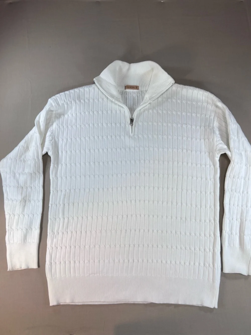 Textured Quarter Zip White Pullover Sweater Cable Knit Style Mock Neck Mens L